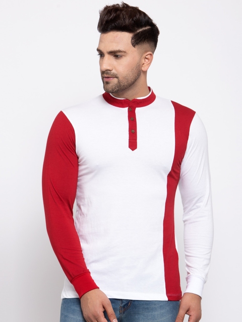 

Kalt Men White & Red Colourblocked Mandarin Collar T-shirt