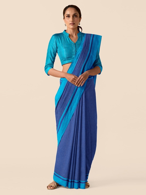 

Taneira Blue Pure Cotton Solid Taant Saree