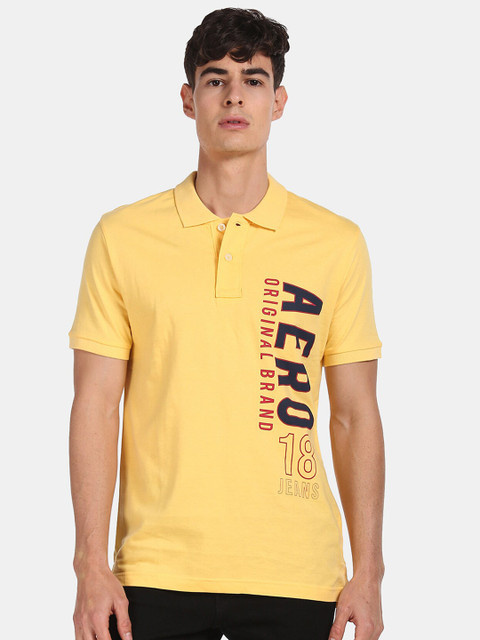 

Aeropostale Men Yellow Printed Polo Collar Cotton T-shirt