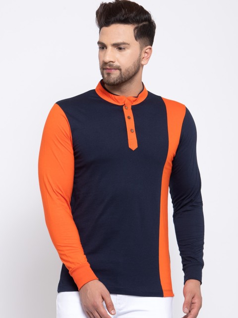 

Kalt Men Navy Blue & Orange Colourblocked Mandarin Collar T-shirt