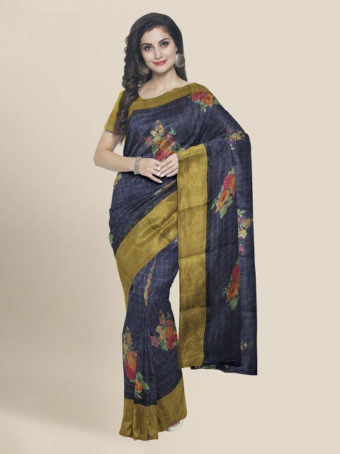 

KLM Fashion Mall Navy Blue Linen Blend Printed Banarasi Saree
