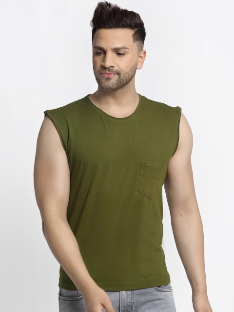 

Friskers Men Olive Green Solid Round Neck T-shirt