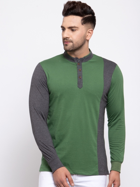 

Kalt Men Green & Dark Grey Colourblocked Mandarin Collar T-shirt