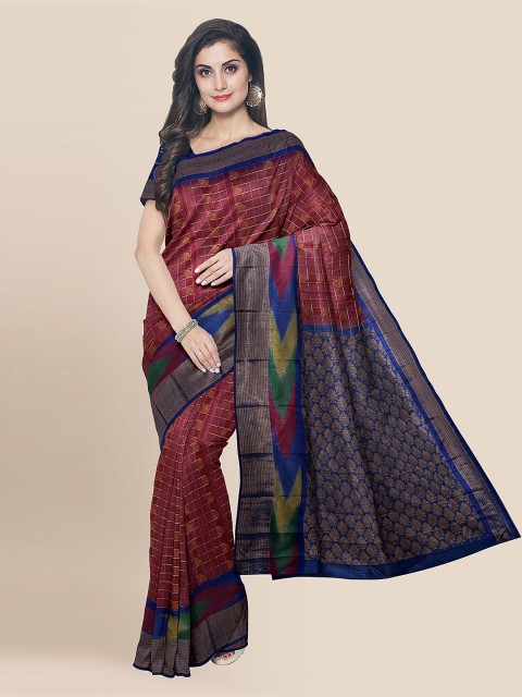 

KLM Fashion Mall Maroon Silk Blend Woven Design Chanderi Saree