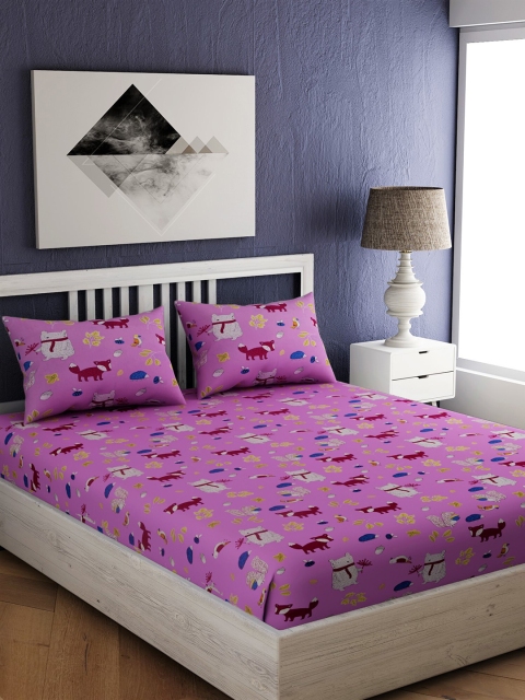 

EverHOME Purple Conversational 144 TC Cotton 1 Queen Bedsheet with 2 Pillow Covers