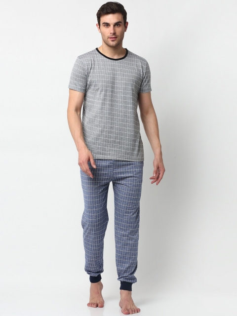 

VIMAL JONNEY Men Grey & Blue Checked Night Suit CHK_T_GRY_D9_BLU_02