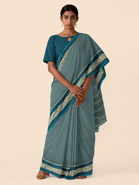 

Taneira Green & Cream-Coloured Pure Cotton Woven Design Taant Saree