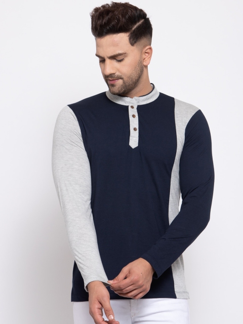 

Kalt Men Navy Blue & Grey Colourblocked Mandarin Collar T-shirt
