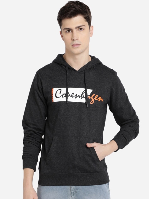 

MASH UNLIMITED Men Charcoal Grey & White Printed Hooded Sweatshirt