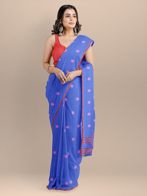 

BharatSthali Blue Pure Cotton Printed Taant Saree