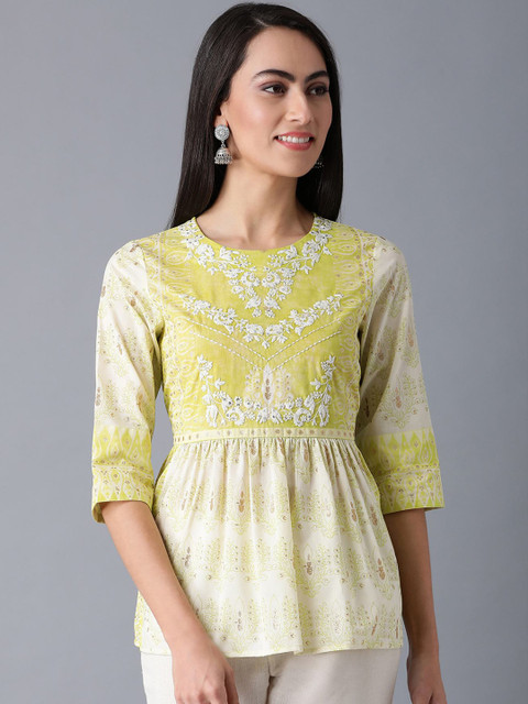 

W Lime Green Floral Printed Cotton Cinched Waist Top
