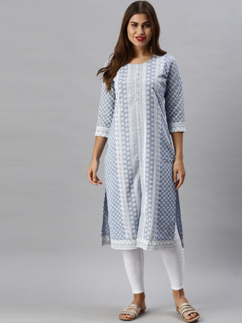

Soch Women Blue & White Woven Design Straight Kurta