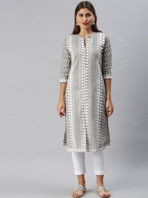 

Soch Women Grey & White Geometric Embroidered Pure Cotton Kurta