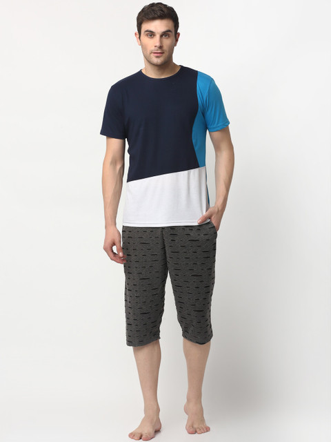 

VIMAL JONNEY Men Navy Blue & White Colourblocked Night Suit