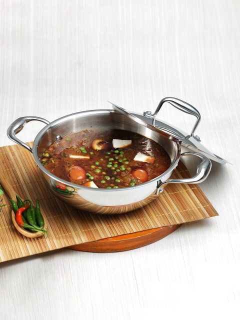 

Vinod Silver Toned Stainless Steel Kadhai With Lid