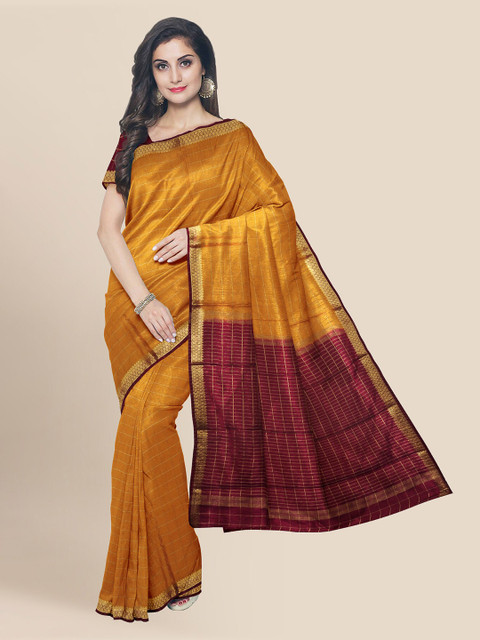 

KLM Fashion Mall Yellow Silk Blend Checked Banarasi Saree