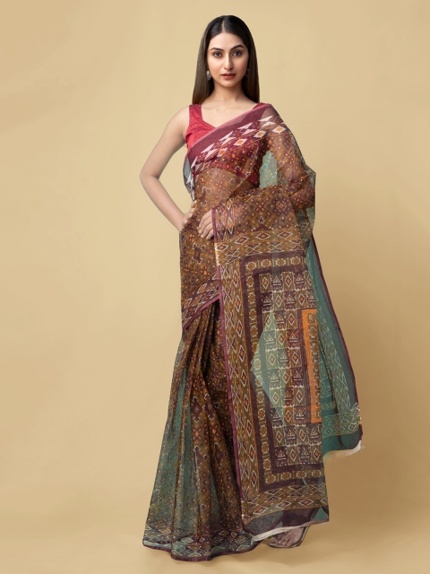 Unnati Silks Green & Maroon Pure Cotton Printed Bandhani Saree