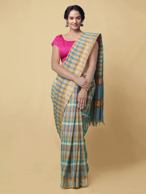 

Unnati Silks Green & Gold-Toned Pure Cotton Checked Venkatgiri Sustainable Saree
