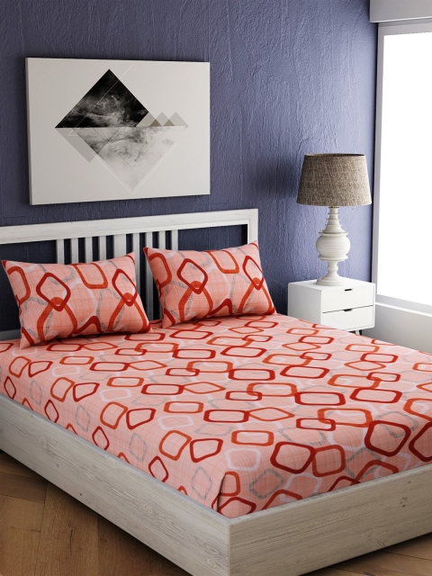 

EverHOME Peach & Maroon Geometric 144 TC Cotton 1 Queen Bedsheet with 2 Pillow Covers