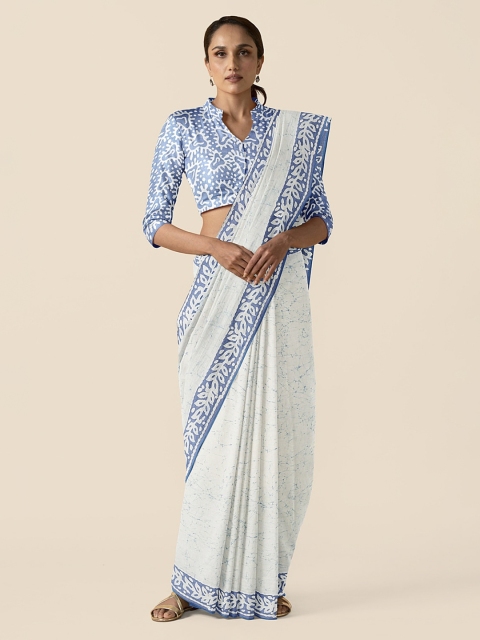 

Taneira Blue & White Pure Cotton Printed Block Print Saree