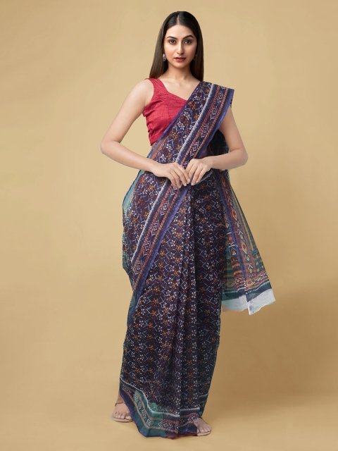 

Unnati Silks Blue & Purple Pure Cotton Dabu Printed Handloom Bandhani Saree