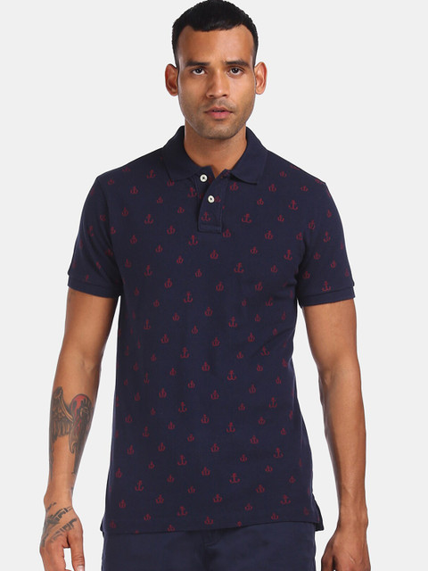 

Aeropostale Men Navy Blue Printed Cotton Polo Collar Pure Cotton T-shirt