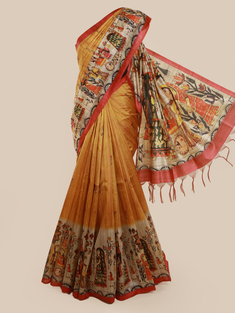 

Pothys Mustard Yellow Printed Jute Silk Saree