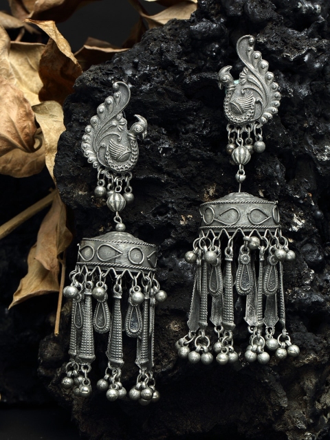 

Moedbuille Mirror Studded Peacock Design Oxidised Silver Plated Handcrafted Tasselled Jhumkas