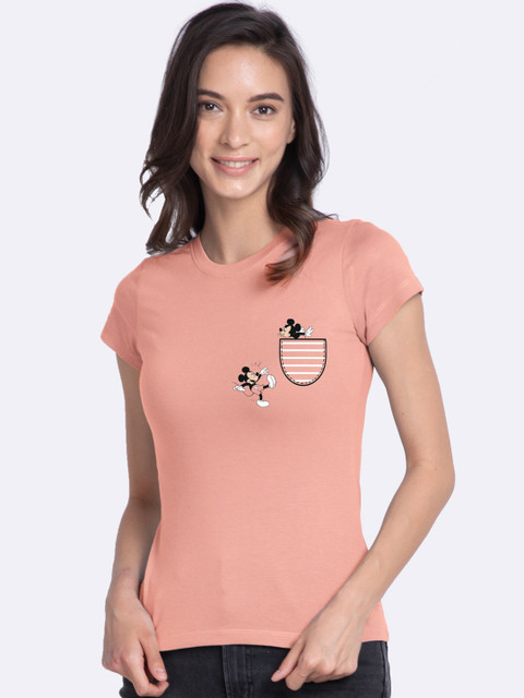 

Bewakoof Women Pink Teasing Mickey Printed Round Neck Cotton T-shirt