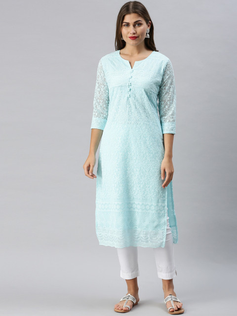 

Soch Women Blue Embroidered Thread Work Floral Georgette Kurta