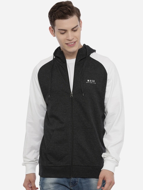 

MASH UNLIMITED Men Black & White Colourblocked Hooded Sweatshirt