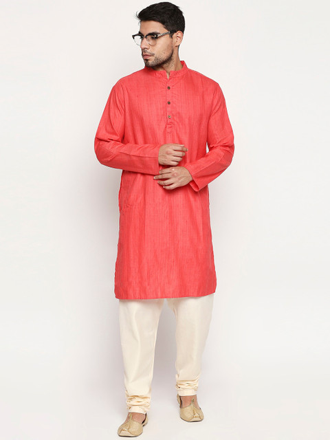 

Vivids India Men Peach-Coloured Solid Linen Kurta