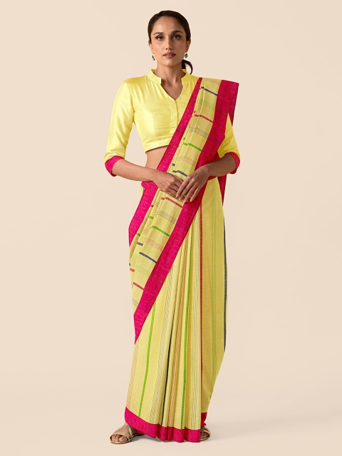 

Taneira Yellow Pure Cotton Striped Taant Saree