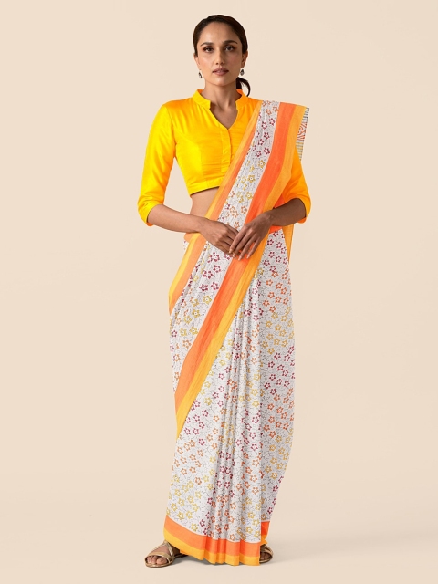 

Taneira White Pure Cotton Printed Taant Saree