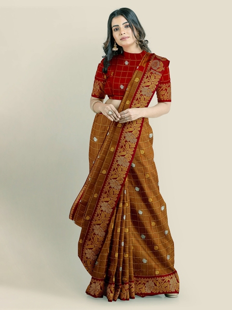 

KLM Fashion Mall Olive Green & Red Silk Blend Woven Design Chanderi Saree