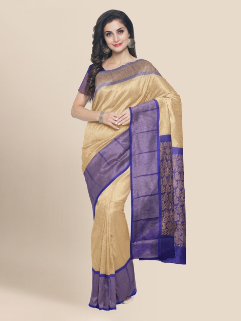 

KLM Fashion Mall Cream-Coloured Silk Blend Solid Chanderi Saree