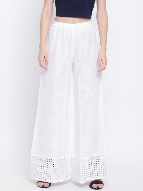 

Shakumbhari Women White Hem Design Wide Leg Palazzos