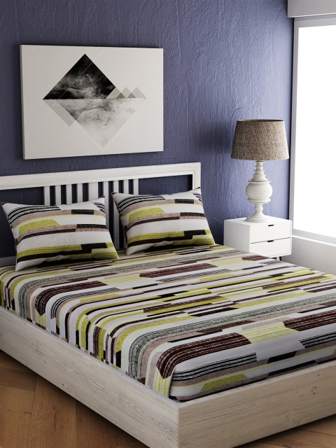 

EverHOME White & Brown Abstract 144 TC Cotton 1 Queen Bedsheet with 2 Pillow Covers
