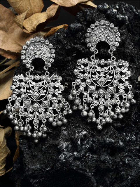 

Moedbuille Ghungroo Studded Filigree Work Oxidised Silver Plated Handcrafted Tribal Chandbalis