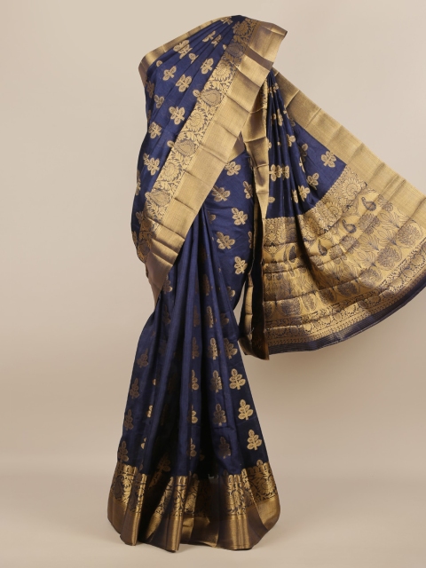 

Pothys Navy Blue & Gold-Toned Jute Silk Woven Design Saree