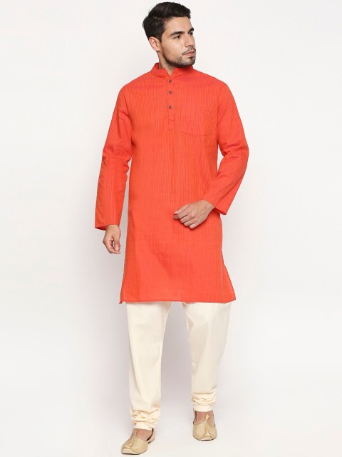 

Vivids India Men Orange Solid Thread Work Kurta