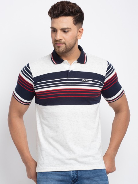 

Rodamo Men White Striped Polo Collar T-shirt