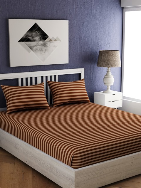 

EverHOME Brown Striped 144 TC Cotton 1 Queen Bedsheet with 2 Pillow Covers