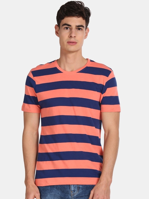 

Aeropostale Men Orange Striped Round Neck T-shirt
