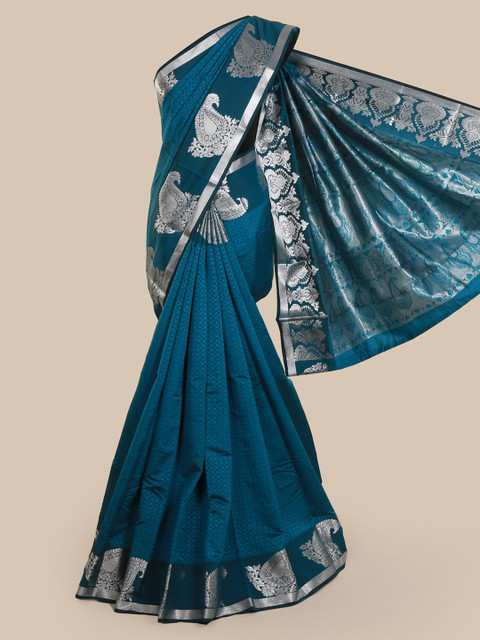 

Pothys Teal & Silver-Toned Art Silk Woven Design Saree