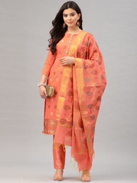 

Satrani Orange Cotton Blend Jacquard Unstitched Dress Material