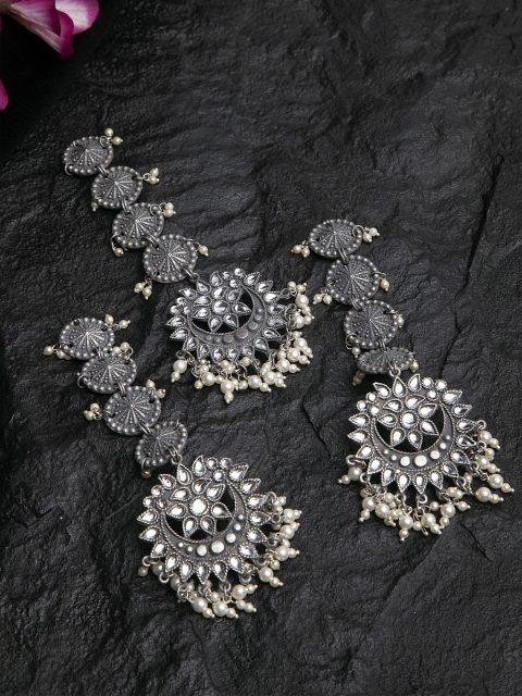 

Moedbuille Stones and Pearls Studded Oxidised Silver Plated Handcrafted Earrings and Maang Tikka, Metallic