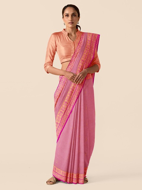 

Taneira Pink Pure Cotton Solid Taant Saree