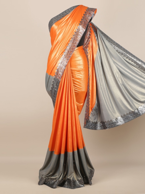 

Pothys Orange Colourblocked Poly Georgette Saree