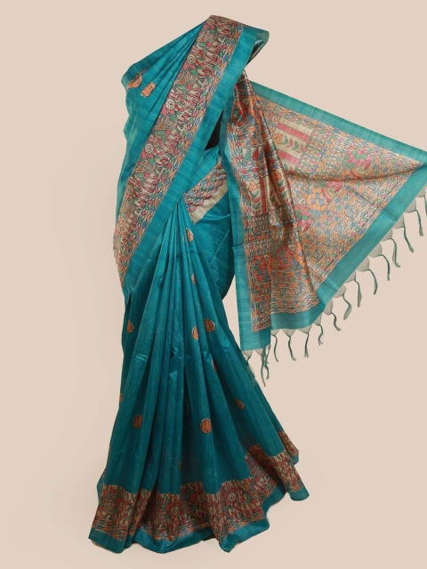 Pothys Blue Printed Jute Silk Saree